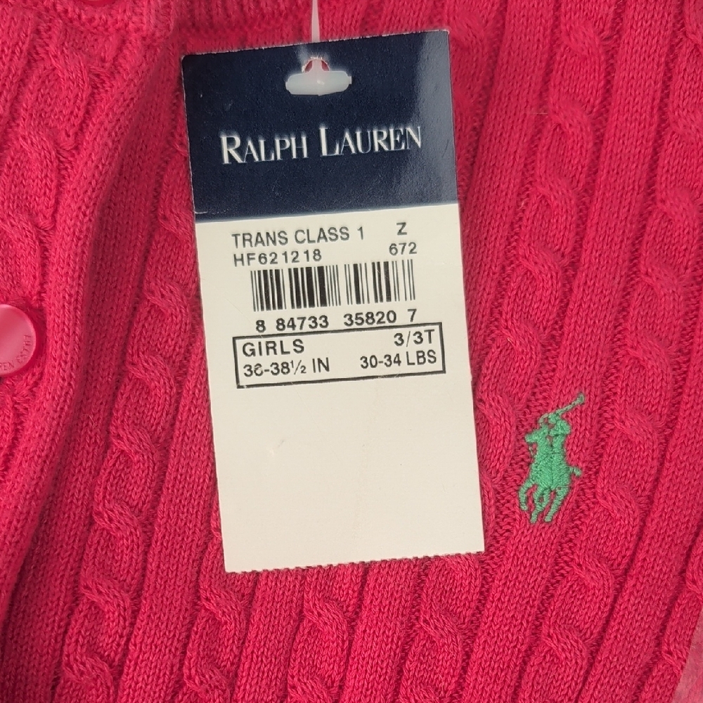 NWT Ralph Lauren Little Girls Pink Cable Knit Fold Cuff Cardigan Size 3/3T NEW - Picture 4 of 4